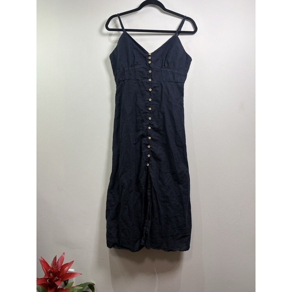 Zara Navy Linen Button Front Smocked V-Neck Sleeveless Jumpsuit L